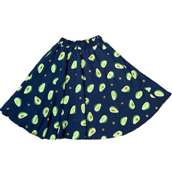 Womens Happy Avocado Print Full Skirt Size XS Navy Blue Green Lined Pull On - Picture 2 of 4